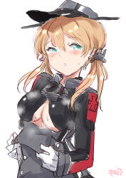 Rule 34 | 1girl, anchor hair ornament, anchor ornament, aqua eyes, artist name, blonde hair, breasts, cross, fuji (pixiv24804665), gloves, hair ornament, hat, highres, iron cross, kantai collection, long hair, looking at viewer, low twintails, medium breasts, military hat, military uniform, peaked cap, prinz eugen (kancolle), simple background, solo, standing, sweat, twintails, underboob, uniform, upper body, white background, white gloves