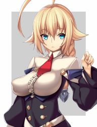 Rule 34 | 1girl, ahoge, blazblue, blazblue: central fiction, blonde hair, blue eyes, braid, breasts, covered erect nipples, es (xblaze), frown, highres, large breasts, long hair, looking to the side, necktie, no bra, puffy nipples, single braid, slit pupils, solo, takanashi-a, wide sleeves, xblaze