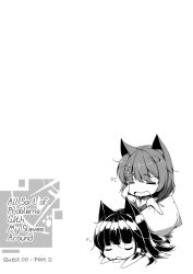 Rule 34 | 2girls, animal ears, bare arms, bare shoulders, blunt bangs, breasts, camisole, cat ears, chibi, cleavage, closed eyes, collar, collarbone, comic, commentary, drooling, english text, engrish text, flower, greyscale, hair between eyes, hair flower, hair ornament, hairclip, highres, holding, holding pillow, long hair, lying, medium breasts, medium hair, monochrome, multiple girls, on stomach, open mouth, original, pillow, ranguage, rubbing eyes, saliva, sheita, sidelocks, simple background, sleeping, sleepy, standing, white background, wolf ears, yawning