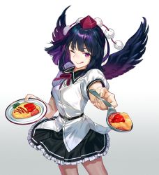 Rule 34 | 1girl, belt, black hair, black skirt, black wings, commentary request, cowboy shot, food, frilled skirt, frills, gradient background, hat, highres, holding, holding plate, holding spoon, looking at viewer, neck ribbon, omelet, omurice, one eye closed, plate, pom pom (clothes), puffy short sleeves, puffy sleeves, red eyes, red hat, red ribbon, ribbon, shameimaru aya, shirt, short sleeves, skirt, solo, spoon, tokin hat, tongue, tongue out, touhou, white shirt, wings, zounose