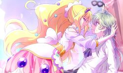 Rule 34 | 1boy, 1girl, assertive female, back bow, blonde hair, blue eyes, bow, couple, cure finale, delicious party precure, diadem, dress shirt, eye contact, fang, fang out, floating hair, from side, grey hair, half-closed eyes, hetero, highres, holding, holding mask, kyoutsuugengo, long hair, long sleeves, looking at another, mask, narcistoru, ponytail, precure, purple eyes, shirt, sparkle, sweatdrop, very long hair, white bow, white shirt
