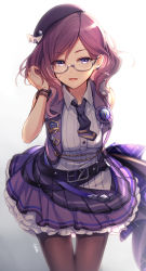 Rule 34 | 1girl, adjusting hair, arm behind back, badge, bare shoulders, belt, beret, black hat, blouse, bracelet, breasts, buttons, collared shirt, earrings, glasses, grey-framed eyewear, hair between eyes, hat, highres, idolmaster, idolmaster cinderella girls, idolmaster cinderella girls starlight stage, jewelry, juugonichi (wheeliex2), layered skirt, leaning forward, legs together, long hair, looking at viewer, medium breasts, multiple belts, necktie, open clothes, open mouth, open vest, pantyhose, parted bangs, purple belt, purple eyes, purple hair, purple necktie, purple skirt, purple vest, ribbed shirt, see-through, see-through legwear, shirt, signature, skirt, skirt set, sleeveless, sleeveless shirt, solo, standing, vest, white background, white shirt, yagami makino