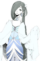 Rule 34 | 00s, 1girl, aqua theme, crescent, crescent hair ornament, dress, female focus, gankutsuou, hair ornament, hair over one eye, haydee (gankutsuou), jewelry, light smile, long hair, looking at viewer, monochrome, necklace, shawl, simple background, skinny, slender, solo, spot color, white background