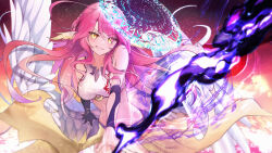 Rule 34 | 1girl, absurdres, alteau, angel, angel wings, animal ears, bird ears, breasts, commentary request, crop top, feathered wings, gloves, gradient hair, halo, highres, jibril (no game no life), large breasts, long hair, looking at viewer, low wings, magic, magic circle, midriff, multicolored hair, no game no life, pink hair, smile, solo, very long hair, white wings, wing ears, wings, yellow eyes