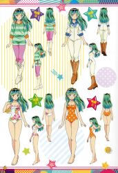 Rule 34 | 1girl, absurdres, animal print, armor, asano naoyuki, ass, bag, bare legs, bare shoulders, barefoot, blue eyes, breasts, casual one-piece swimsuit, character sheet, cone horns, green hair, highres, horns, looking at viewer, lum, medium breasts, multiple views, official art, one-piece swimsuit, pants, pointy ears, scan, sharp teeth, short shorts, shorts, skirt, solo, strapless, swimsuit, teeth, translation request, urusei yatsura