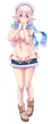Rule 34 | 1girl, armlet, bikini, blush, boots, breasts, cleft of venus, clothes pull, denim, denim skirt, front-tie top, full body, hands up, headphones, highres, large breasts, long hair, looking at viewer, navel, nitroplus, pink eyes, pink hair, plaid, plaid scarf, polka dot, polka dot bikini, scarf, side-tie bikini bottom, skirt, skirt pull, smile, solo, super sonico, swimsuit, transparent background, unzipped, v-mag, white bikini