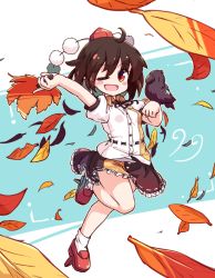 Rule 34 | 1girl, animal on arm, bird, bird on arm, black hair, black neckwear, black skirt, buttons, collared shirt, crow, falling leaves, frilled skirt, frills, full body, geta, hand fan, hat, holding, holding fan, isu (is88), leaf, leaf print, leg up, looking at viewer, one eye closed, open mouth, pointy ears, pom pom (clothes), puffy short sleeves, puffy sleeves, red eyes, red footwear, red headwear, shameimaru aya, shirt, short sleeves, skirt, smile, socks, tengu-geta, tokin hat, touhou, white legwear, white shirt