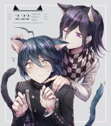 Rule 34 | 2boys, ^^^, ahoge, animal ears, biting, black hair, black jacket, brown eyes, cat boy, cat ears, cat tail, checkered clothes, checkered scarf, closed mouth, commentary request, danganronpa (series), danganronpa v3: killing harmony, dated, ear biting, extra ears, goto (sep), grey background, hair between eyes, highres, jacket, long sleeves, looking at viewer, male focus, multiple boys, oma kokichi, purple eyes, saihara shuichi, scarf, short hair, sweatdrop, tail, uncommon stimulation, upper body, white jacket, yaoi