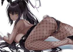 Rule 34 | 1girl, amasora taichi, animal ears, ass, black footwear, black hair, black leotard, blue archive, blush, breasts, closed mouth, commentary request, dark-skinned female, dark skin, fake animal ears, fishnet pantyhose, fishnets, from behind, gloves, halo, high heels, highleg, highleg leotard, karin (blue archive), karin (bunny) (blue archive), large breasts, leotard, long hair, pantyhose, playboy bunny, ponytail, rabbit ears, shiny clothes, shiny skin, simple background, solo, tattoo, thighs, very long hair, white background, white gloves, wide hips, yellow eyes