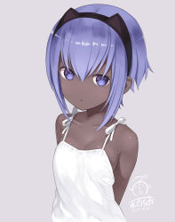 Rule 34 | 1girl, aged down, arms behind back, bare shoulders, capriccio, commentary request, dark-skinned female, dark skin, dated, dress, fate/prototype, fate/prototype: fragments of blue and silver, fate (series), hairband, hassan of serenity (fate), looking at viewer, purple eyes, purple hair, ribbon, short hair, simple background, solo, spaghetti strap, upper body, white dress