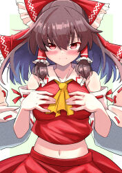 Rule 34 | 1girl, absurdres, ascot, blush, bow, brown hair, closed mouth, commentary, covering breasts, covering privates, detached sleeves, frilled bow, frilled hair tubes, frills, hair bow, hair tubes, hakurei reimu, highres, long hair, looking at viewer, midriff, navel, red bow, red eyes, red skirt, ribbon-trimmed sleeves, ribbon trim, skirt, skirt set, solo, touhou, yellow ascot, yuuka (a0240765)