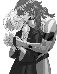 Rule 34 | 2girls, absurdres, closed eyes, commentary request, crying, crying with eyes open, gloves, grey hair, gundam, gundam suisei no majo, highres, hug, hug from behind, jacket, jumpsuit, korean commentary, long hair, long sleeves, miorine rembran, monochrome, multiple girls, open mouth, parted lips, smile, snapagi, spacesuit, suletta mercury, tears, thick eyebrows, upper body, yuri