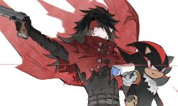 2boys black_fur black_gloves black_hair black_jacket cape cloak closed_mouth commentary crossover final_fantasy final_fantasy_vii gloves glowing glowing_eyes gun handgun headband highres holding holding_gun holding_weapon jacket long_hair male_focus multiple_boys red_cape red_cloak red_eyes red_headband shadow_the_hedgehog sonic_(series) sumisakana symbol-only_commentary torn_clothes upper_body vincent_valentine weapon white_background white_gloves