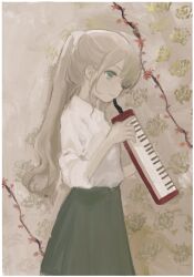 Rule 34 | 1girl, absurdres, blonde hair, brown background, chisato charme, closed mouth, collared shirt, commentary, from side, green eyes, green skirt, hands up, highres, holding, holding instrument, instrument, keyboard (instrument), long hair, melodica, original, plant, ponytail, shirt, shirt tucked in, sideways mouth, skirt, sleeves rolled up, smile, solo, standing, symbol-only commentary, vines, white shirt