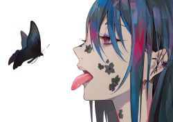Rule 34 | 1girl, animal, blue hair, bug, butterfly, close-up, ear piercing, eyebrows hidden by hair, from side, hair between eyes, highres, insect, lam (ramdayo), looking at animal, multicolored hair, one eye closed, open mouth, original, piercing, red eyes, red hair, solo, teeth, tongue, tongue out, upper teeth only