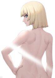 Rule 34 | 1girl, blonde hair, blue eyes, blunt bangs, bob cut, breasts, commentary, from behind, hand on own hip, highres, light censor, looking at viewer, looking back, nude, original, short hair, small breasts, solo, sthreep, upper body