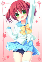 Rule 34 | 1girl, arm up, blue skirt, blush, cowboy shot, fang, green eyes, hair between eyes, hair bobbles, hair ornament, hand up, long sleeves, looking at viewer, natsuka (unagi-unagi-unagi), open mouth, original, pleated skirt, red hair, school swimsuit, school uniform, serafuku, sidelocks, skirt, sleeves past wrists, smile, solo, swimsuit, swimsuit under clothes, thighhighs, thighs, twintails, white thighhighs