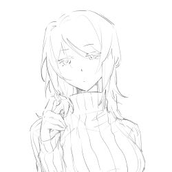 Rule 34 | 1girl, breasts, closed mouth, faust (project moon), greyscale, twirling hair, highres, ivy (675671), large breasts, limbus company, looking at viewer, monochrome, project moon, ribbed sweater, short hair, simple background, sketch, solo, sweater, upper body