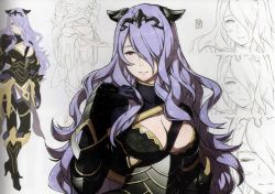 Rule 34 | 1girl, armor, black armor, black panties, boots, breasts, camilla (fire emblem), cleavage, concept art, fire emblem, fire emblem fates, full body, gauntlets, gloves, hair over one eye, high heel boots, high heels, highres, kozaki yuusuke, large breasts, light purple hair, lineart, lips, long hair, multiple views, nintendo, non-web source, official art, panties, profile, simple background, thighhighs, underwear, very long hair, wavy hair