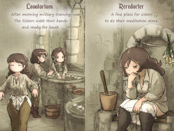 Rule 34 | 4girls, basin, bloomers, brick, bucket, english text, flora sister (ironlily), flower, highres, ironlily, lady lucerne (ironlily), long hair, mid neutral sister (ironlily), multiple girls, ordo mediare sisters (ironlily), pants, plant, shirt, short hair, sitting, the thinker, toilet use, twin braids sister (ironlily), underwear, washing hands, water, wet