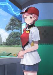 Rule 34 | 1girl, apron, closed mouth, cloud, collared shirt, commentary request, creatures (company), day, eyelashes, game freak, grass, hat, highres, ichiba youichi, joy (pokemon), long hair, looking at viewer, nintendo, own hands together, pink eyes, pink hair, poke ball print, pokemon, pokemon sv, red hat, shirt, short sleeves, shorts, sky, smile, solo, tree
