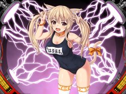 Rule 34 | 1girl, animal ears, blonde hair, blush, bracelet, breasts, brown eyes, cat ears, cat girl, cleavage, collar, dmm, female focus, jewelry, large breasts, legs, lightning, long hair, looking at viewer, machine, open mouth, piercing, smile, solo, standing, swimsuit, tail, thighs, white legwear