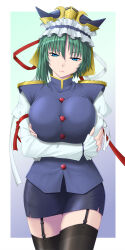 Rule 34 | 1girl, arms under breasts, asymmetrical hair, black thighhighs, blue eyes, blue shirt, breasts, buttons, closed mouth, garter belt, garter straps, glaring, gold trim, green hair, hair between eyes, half-closed eyes, hat, head tilt, highres, juliet sleeves, large breasts, light blue background, long sleeves, looking at viewer, miniskirt, puffy sleeves, ribbon, shiki eiki, shirt, simple background, skirt, solo, thighhighs, touhou, vision (artist)