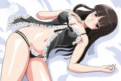 Rule 34 | 1girl, black hair, black panties, blush, breasts, brown eyes, cleavage, closed mouth, collarbone, girls und panzer, large breasts, lingerie, long hair, looking at viewer, lying, matsui yasutsugu, navel, negligee, nishizumi shiho, no bra, on back, panties, smile, solo, underwear