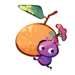 Rule 34 | black eyes, carrying, colored skin, commentary, english commentary, flower, food, fruit, holding, holding food, holding fruit, juan (apamaate), leaf, leg up, nintendo, no humans, no mouth, orange (fruit), oversized object, pikmin (creature), pikmin (series), pink flower, purple hair, purple pikmin, purple skin, short hair, very short hair, walking, white background