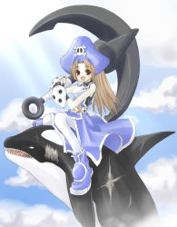 Rule 34 | 1girl, alternate color, anchor, animal, arc system works, blue hat, brown eyes, brown hair, guilty gear, hat, may (guilty gear), orca, pantyhose, pirate, scar, skull, solo, whale, yuuki tokito