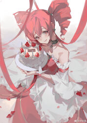 1girl absurdres bare_shoulders cake choker detached_sleeves dress drill_hair earrings english_text fine_(futagohime) fine_(universal_princess)_(futagohime) food frilled_dress frills fruit fushigiboshi_no_futago_hime hair_between_eyes happy_birthday highres holding holding_plate jewelry light_smile looking_at_viewer magical_girl medium_hair multicolored_clothes multicolored_dress open_mouth petals plate red_dress red_eyes red_hair sitting sleeveless sleeveless_dress solo star_(symbol) star_earrings strapless strapless_dress strawberry twin_drills weibo_watermark white_dress xi_xishao