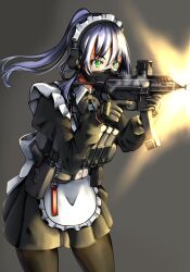 Rule 34 | 1girl, ammunition pouch, apron, assault rifle, blue hair, colored eyelashes, eyebrows hidden by hair, finger on trigger, firing, glock, green eyes, gun, handgun, headphones, highres, hinata natsumikan, holding, holding gun, holding weapon, holstered, long hair, magazine (weapon), maid, maid apron, maid headdress, mask, mouth mask, original, pouch, rifle, solo, tactical clothes, tactical maid, unconventional maid, weapon, weapon request