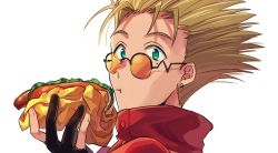 Rule 34 | 1boy, asada hachi, black gloves, blonde hair, coat, commentary request, earrings, eating, food, gloves, green eyes, holding, holding food, hot dog, jewelry, looking at viewer, male focus, orange-tinted eyewear, partially fingerless gloves, red coat, simple background, solo, spiked hair, sunglasses, tinted eyewear, trench coat, trigun, vash the stampede, white background