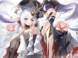 Rule 34 | 2girls, absurdres, armpits, arms up, azur lane, black thighhighs, bow, bowtie, breasts, brown gloves, center opening, chestnut mouth, cross hair ornament, dress, elbow gloves, felix schultz (azur lane), flandre (azur lane), floating hair, garter straps, gloves, grey eyes, hair bow, hair ornament, hidulume, highleg, highres, long hair, long sleeves, looking at viewer, low twintails, multiple girls, official art, open mouth, purple hair, red bow, red eyes, sidelocks, sleeveless, sleeveless dress, small breasts, smile, standing, standing on one leg, thighhighs, twintails, white bow, white hair, wide sleeves