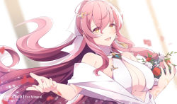 Rule 34 | 1girl, alternate costume, artist name, bare shoulders, bouquet, breasts, cleavage, counter:side, dated, dress, flower, hair ornament, highres, holding, holding bouquet, karilometer, long hair, looking at viewer, nail polish, open mouth, pink nails, veronica (counter:side), wedding dress, yellow eyes