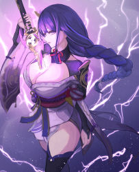 Rule 34 | 1girl, armor, braid, breasts, bridal gauntlets, cleavage, coattails, commentary, electricity, english commentary, genshin impact, hair ornament, highres, holding, holding sword, holding weapon, human scabbard, japanese clothes, katana, kimono, large breasts, light particles, long hair, long sleeves, looking at viewer, mitsudomoe (shape), moppo, open mouth, purple background, purple eyes, purple hair, raiden shogun, ribbon, sash, sheath, shoulder armor, simple background, solo, sword, tassel, thighhighs, tomoe (symbol), unsheathing, weapon, wide sleeves