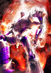 Rule 34 | 1boy, artist request, burning, decepticon, full body, glowing, glowing eyes, insignia, machine, machinery, mecha, megatron, megatron (prime), no humans, personification, red eyes, robot, transformers, transformers prime