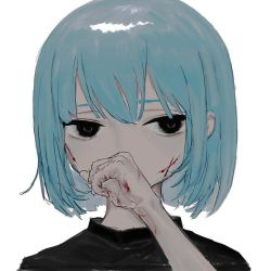 Rule 34 | 1girl, atkm2, black eyes, black sweater, blood, blue hair, bob cut, bruise, bruise on face, covering own mouth, hand over own mouth, hand up, injury, looking at viewer, original, short hair, simple background, solo, sweater, white background