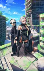 Rule 34 | 1boy, 2girls, absurdres, black blindfold, black kimono, blindfold, blue sky, building, city, cloud, detached sleeves, emil (nier), fox mask, from above, hakama, hakama pants, highres, japanese clothes, joints, kimono, long hair, mask, multiple girls, nier (series), nier:automata, outdoors, pants, post-apocalypse, robot joints, ruins, scenery, shizu (shizuillust), short hair, sitting, sky, sleeveless, sleeveless kimono, standing, tabi, thighhighs, white hair, 2b (nier:automata), 9s (nier:automata), a2 (nier:automata)