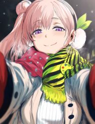 Rule 34 | 1girl, airani iofifteen, airani iofifteen (1st costume), closed mouth, coat, earmuffs, green scarf, hair bun, hews, highres, hololive, hololive indonesia, looking at viewer, pink hair, scarf, short hair, single hair bun, smile, snow, solo, sweater, upper body, virtual youtuber, white coat, white sweater