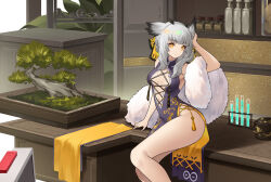 Rule 34 | 1girl, arknights, arm up, center cross lace, center opening, china dress, chinese clothes, dress, feather hair, fur (clothing), grey hair, hand on own head, highres, jiusan naitang, long hair, looking at viewer, no bra, owl ears, owl girl, plant, potted plant, ptilopsis (arknights), rhine lab logo, sitting, sleeveless, sleeveless dress, solo, tassel, test tube, test tube rack, white fur, yellow eyes