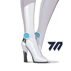 Rule 34 | 1girl, blue archive, boots, chinese commentary, close-up, commentary, feathered wings, footwear focus, from side, high heel boots, high heels, highres, legs, making-of available, shadow, shoes, simple background, solo, toki (blue archive), white background, white footwear, wings