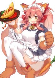 Rule 34 | 1girl, absurdres, animal ear fluff, animal ears, animal hands, apron, bell, black dress, blush, bow, breasts, carrot, collar, dress, fang, fate/extra, fate/grand order, fate (series), food, fox ears, fox girl, fox tail, gloves, hair between eyes, hair bow, highres, jingle bell, large breasts, long hair, looking at viewer, maid headdress, neck bell, omelet, omurice, open mouth, ouhina, paw gloves, paw shoes, pink hair, plate, ponytail, puffy short sleeves, puffy sleeves, red bow, shoes, short sleeves, sidelocks, simple background, smile, solo, tail, tamamo (fate), tamamo cat (fate), tamamo cat (second ascension) (fate), thighhighs, thighs, white background, white thighhighs, yellow eyes