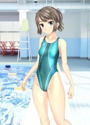Rule 34 | 1girl, absurdres, aqua one-piece swimsuit, blue eyes, blurry, breasts, brown hair, chair, clothes writing, competition swimsuit, depth of field, feet out of frame, highleg, highleg swimsuit, highres, huge filesize, lifeguard chair, looking at viewer, multicolored clothes, multicolored swimsuit, one-piece swimsuit, original, ponytail, pool, poolside, short hair, sidelocks, small breasts, smile, solo, standing, swimsuit, takafumi