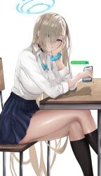 Rule 34 | 1girl, absurdres, asuna (blue archive), blue archive, blue eyes, blue nails, bow, bowtie, breasts, button gap, cellphone, choker, crossed legs, danny marx, desk, elbow rest, english text, grin, hair over one eye, halo, hand on own cheek, hand on own face, highres, kneehighs, large breasts, light brown hair, long hair, looking at viewer, miniskirt, phone, school desk, school uniform, scrunchie, shirt, shirt tucked in, simple background, sitting, skirt, smartphone, smile, socks, solo, text messaging, uniform, very long hair, white shirt, wrist scrunchie