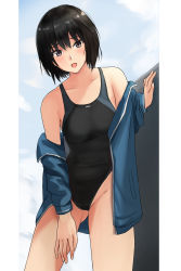 Rule 34 | 1girl, amagami, black eyes, black hair, black one-piece swimsuit, blue jacket, breasts, competition swimsuit, cowboy shot, groin, highleg, highleg swimsuit, highres, jacket, leaning forward, looking at viewer, nanasaki ai, one-piece swimsuit, open mouth, short hair, small breasts, solo, swimsuit, two-tone swimsuit, yoo tenchi