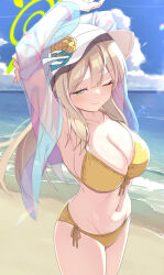 Rule 34 | absurdres, armpits, arms behind head, arms up, beach, bikini, blue archive, bracelet, breasts, collarbone, commentary request, cowboy shot, day, deisui, flower, front-tie bikini top, front-tie top, green eyes, groin, halo, hat, hat flower, hat ribbon, highres, horizon, jacket, jewelry, large breasts, light brown hair, light smile, looking down, navel, nonomi (blue archive), nonomi (swimsuit) (blue archive), ocean, official alternate costume, one eye closed, outdoors, ribbon, see-through, see-through jacket, shore, side-tie bikini bottom, stretching, sun hat, sunlight, swept bangs, swimsuit, white hat, yellow bikini