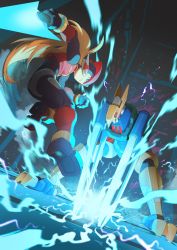 Rule 34 | 1boy, absurdres, aztec falcon (mega man), battle, blonde hair, electricity, helmet, highres, holding, holding sword, holding weapon, jumping, long hair, mega man (series), mega man zero (series), mega man zero 1, robot, sword, tanziya (codlxcold), weapon, zero(z) (mega man), zero (mega man)