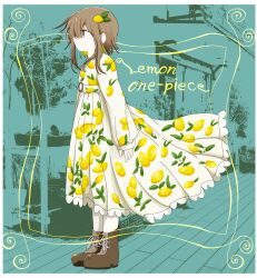 Rule 34 | 1girl, arms at sides, ashi izumo, boots, border, brown eyes, brown footwear, dress, english text, expressionless, food-themed hair ornament, from side, full body, green background, hair ornament, highres, lemon hair ornament, lemon print, long dress, long sleeves, original, photo background, profile, short hair, sidelocks, solo, standing, white border, white dress, wind