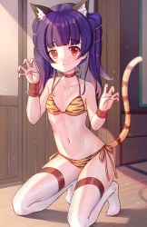 Rule 34 | 1girl, absurdres, animal ears, animal print, bikini, blush, bracelet, claw pose, collar, dragon girl, eyebrows, fake animal ears, fake tail, fire emblem, fire emblem: the sacred stones, flat chest, floor, hand up, highres, house, indoors, jewelry, kneeling, long hair, looking at viewer, multi-tied hair, myrrh (fire emblem), navel, new year, nintendo, panties, purple hair, ray peng, red eyes, shadow, smile, solo, string bikini, string panties, sunlight, swimsuit, tail, thighhighs, thighs, tiger ears, tiger print, tiger tail, twintails, underwear, white thighhighs